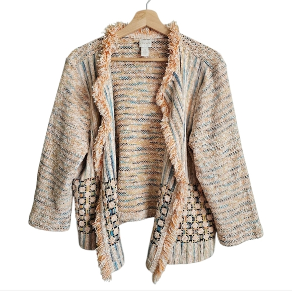Chico's Cream and Tan Sweater Open Jacket with Colorful Tweed Ruffled Trim - Picture 1 of 6